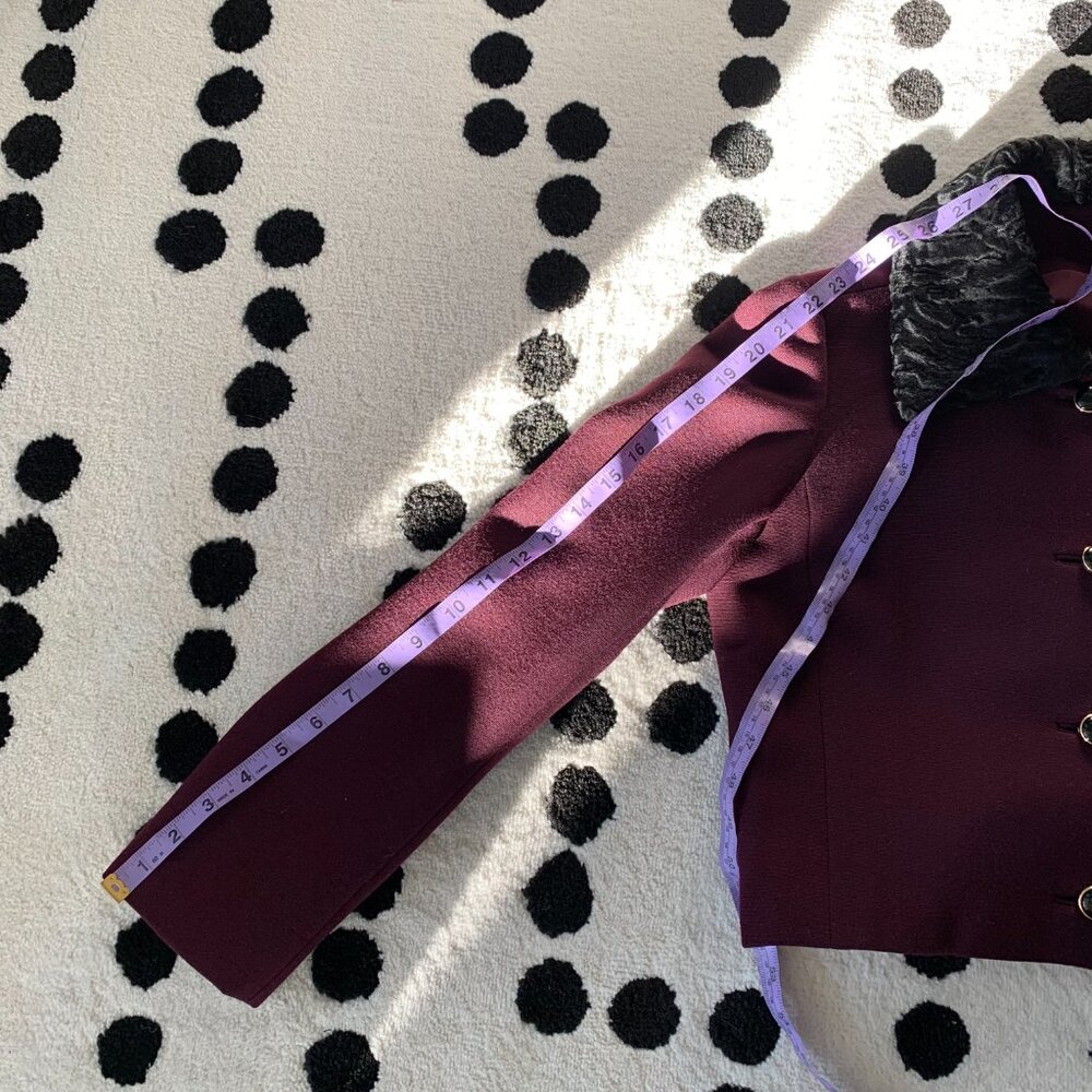 Vintage 60s Burgundy Black Faux Fur Trim 2 Pc Belted Dress Cropped Blazer Set - Picture 12 of 16